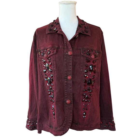 DG2 by Diane Gilman Jackets & Blazers - Diane Gilman DG2 Embellished Denim Jacket Burgundy Red Crystal Buttons Size‎ L